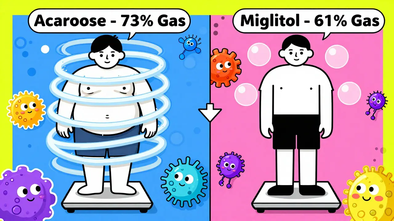 Split image comparing high gas from acarbose vs. lower gas from miglitol, with weight loss and gut bacteria illustrations.