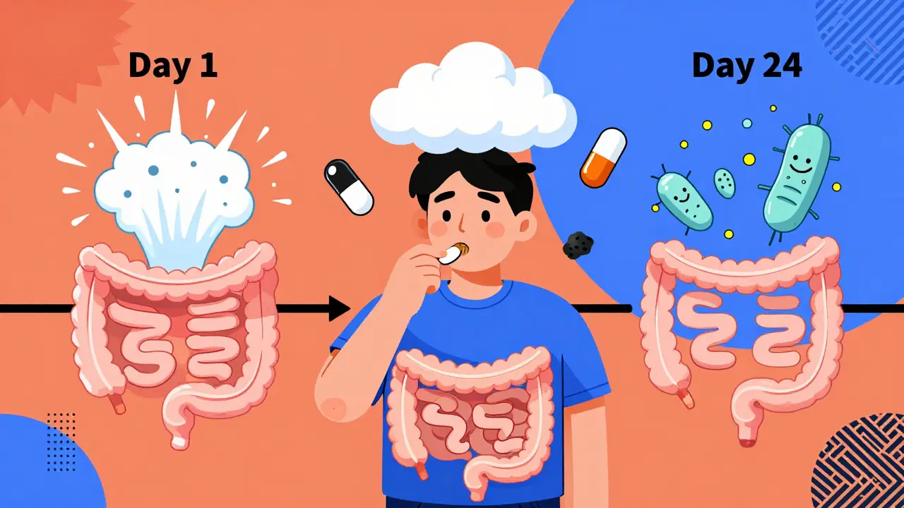 Timeline showing gut adaptation from chaotic gas to calm digestion while taking medication with brown rice.