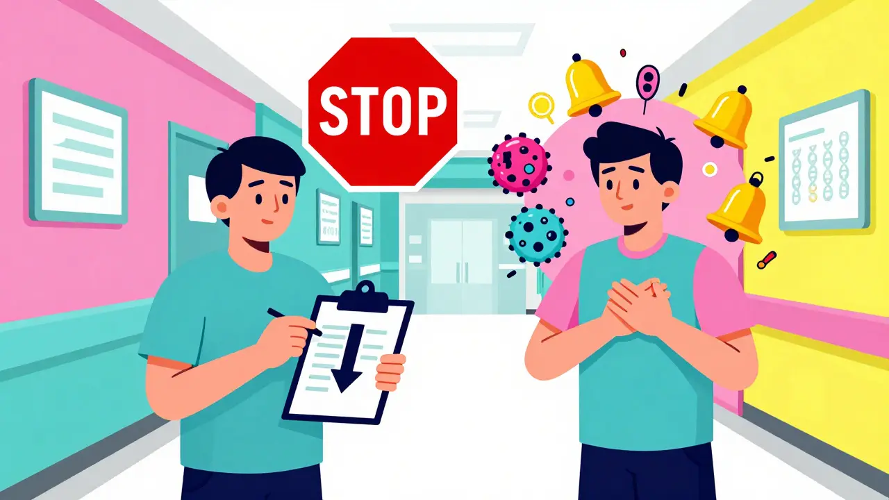 Two patients in a hospital hallway: one managing predictable side effects, the other overwhelmed by a chaotic, colorful reaction triggered by genetics.