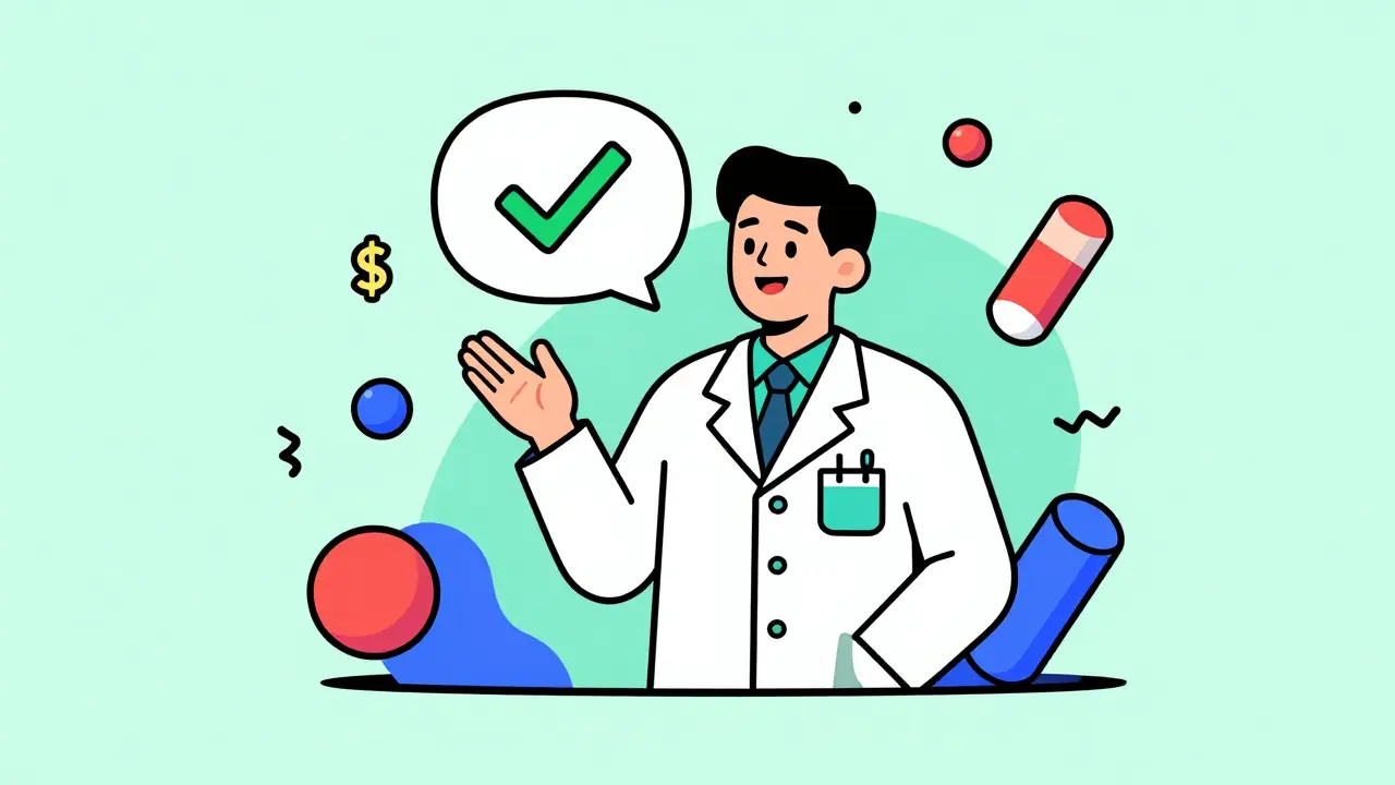 A friendly pharmacist giving financial advice surrounded by abstract shapes in Memphis design.