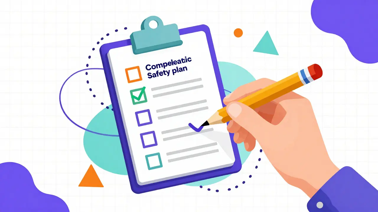 A stylized safety checklist with geometric patterns and vibrant colors in Memphis style.