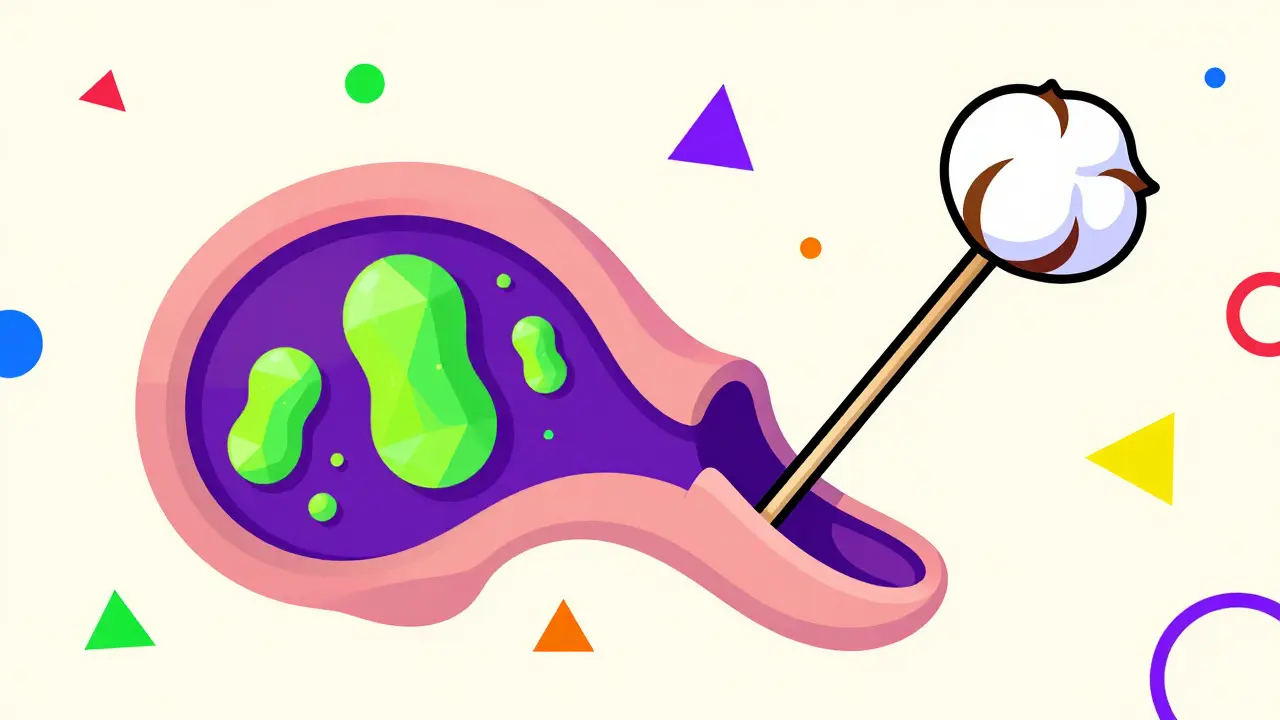 Abstract illustration of bacteria in the ear canal with a cotton swab.
