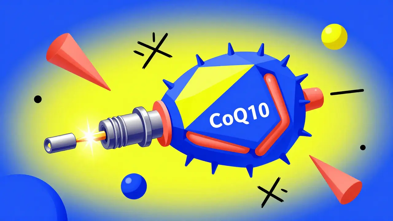 Abstract Memphis design illustration of a mitochondrion and CoQ10 energy spark.