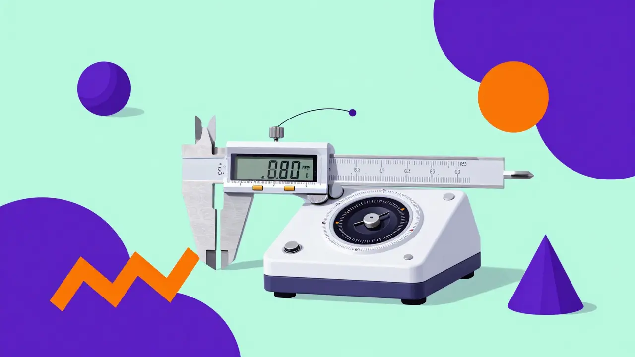 Abstract Memphis style illustration of precision measurement tools and geometric shapes