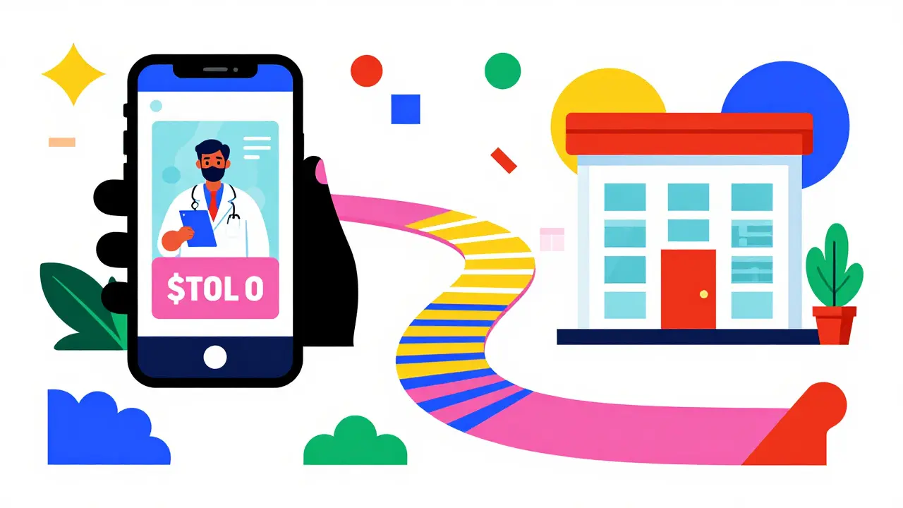 Colorful Memphis design path leading from a doctor to a discount app and a pharmacy