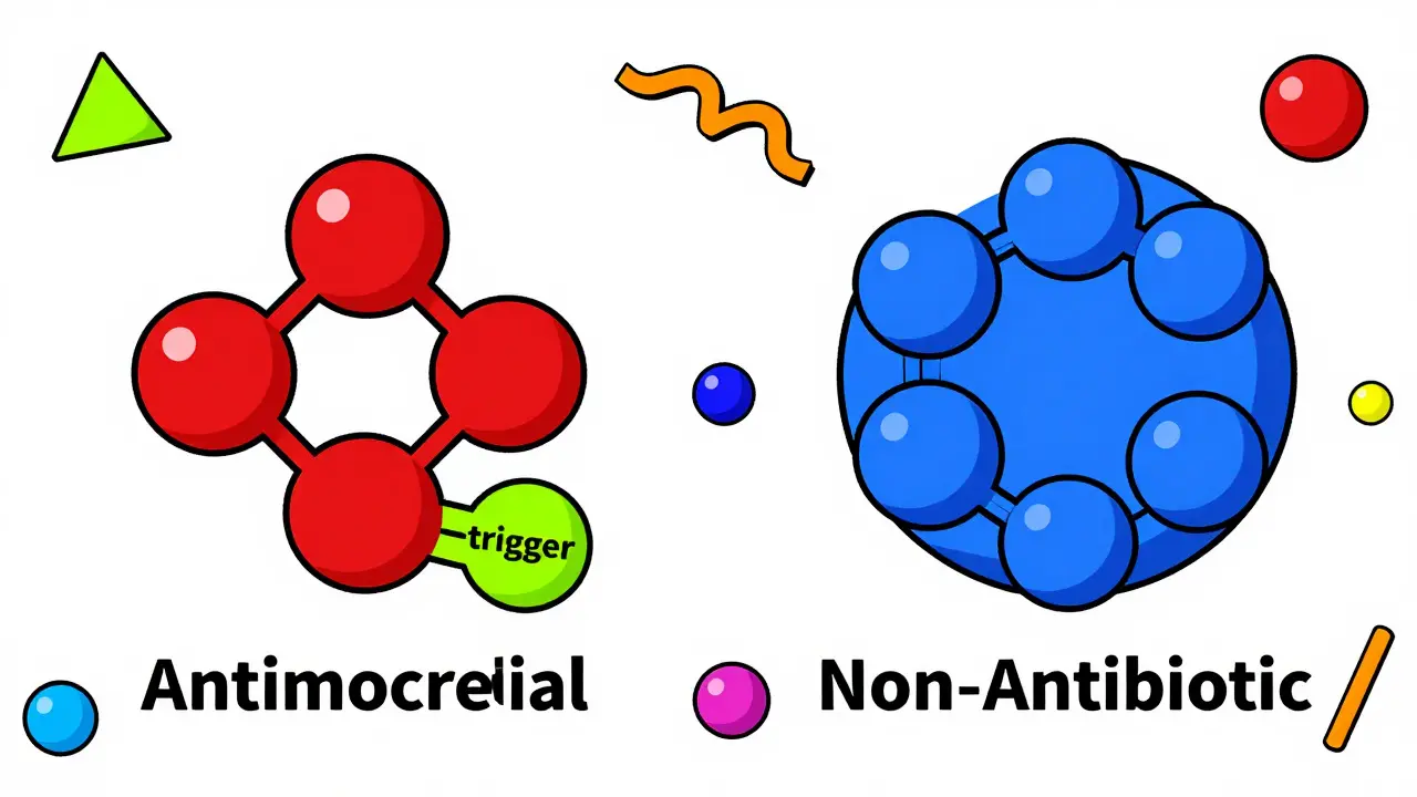 Comparison of two molecular structures in Memphis design, highlighting a specific trigger group in red and blue.