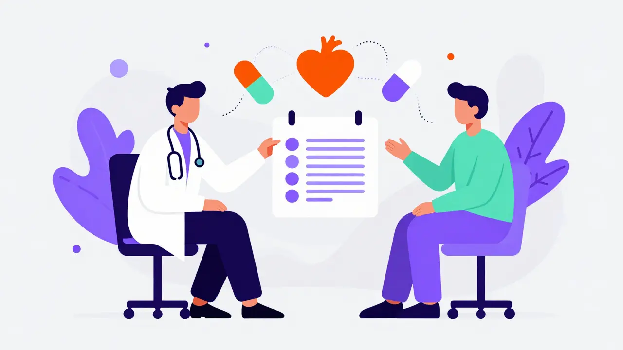 Doctor and patient discussing medication options in a vibrant Memphis Design style.