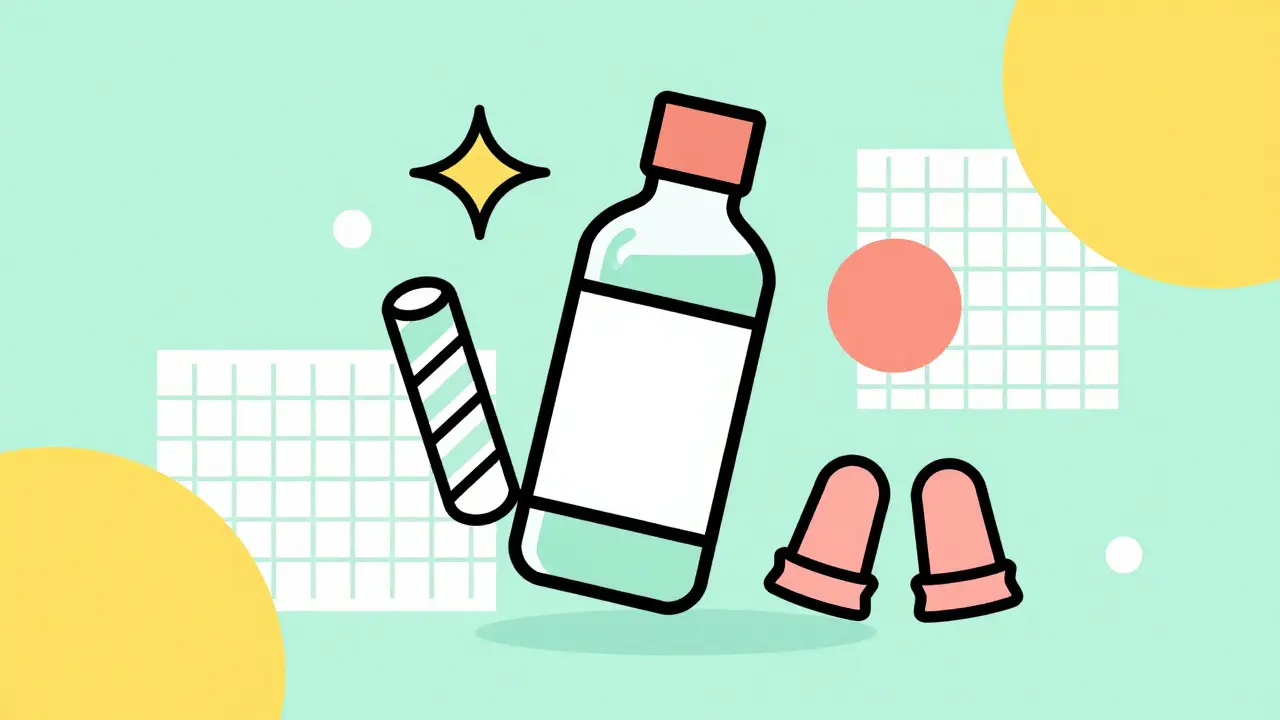 Graphic illustration of earplugs and a solution bottle in Memphis design style.