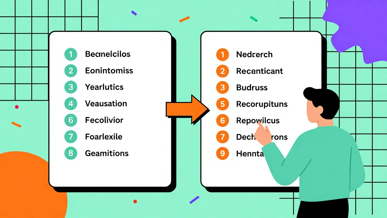 Memphis design illustration of two medication lists being compared side-by-side.