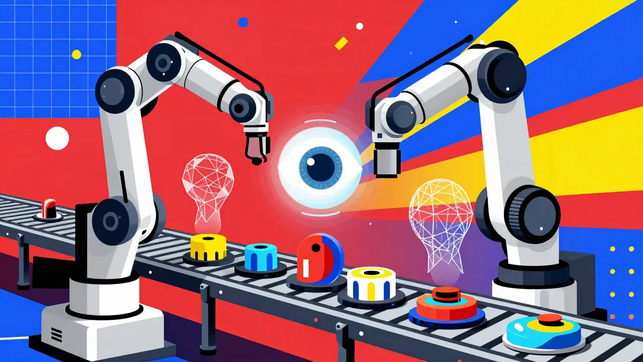 Memphis design scene showing a robotic arm and AI eye inspecting abstract components