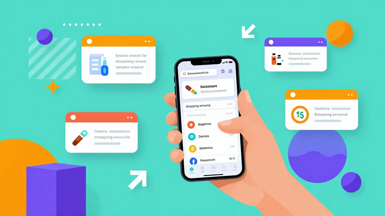 Person comparing medication prices on a smartphone in Memphis style.