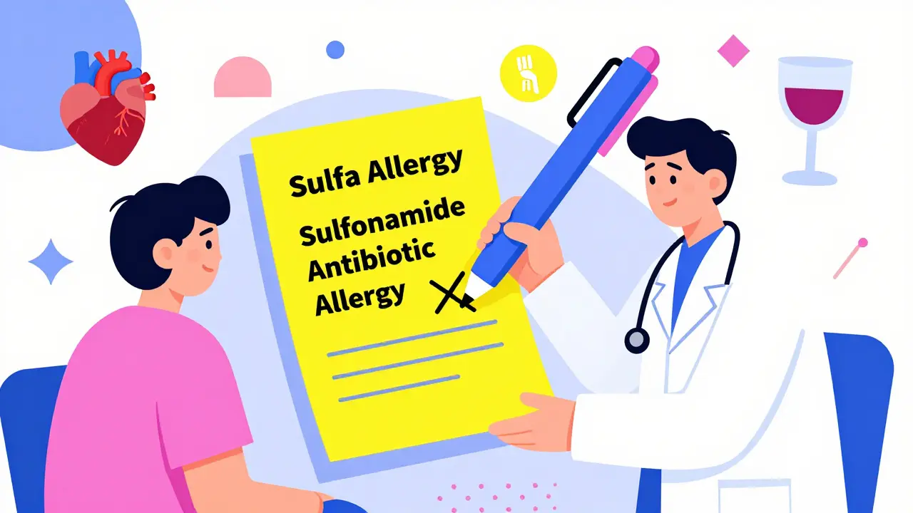 Stylized illustration of a doctor updating a medical record from sulfa allergy to sulfonamide antibiotic allergy.