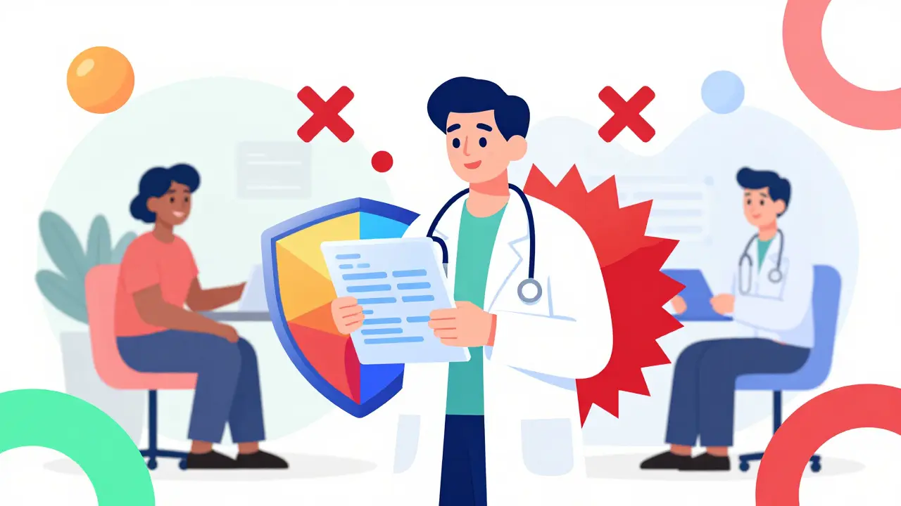 Stylized pharmacist in Memphis design style acting as a safety shield against medication errors.