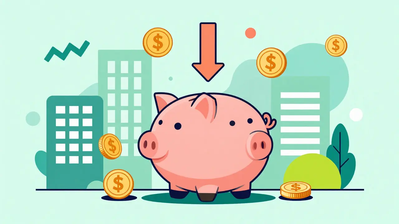 Cartoon piggy bank with coins and arrows showing cost savings in Memphis style