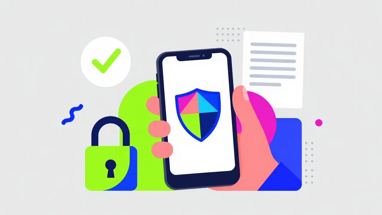 Colorful geometric illustration of a user verifying a secure online pharmacy on a phone.