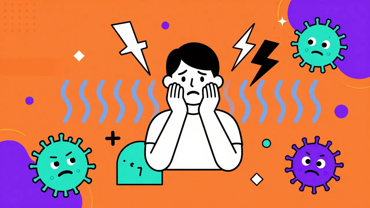 Colorful Memphis style graphic illustrating eczema triggers like stress and germs