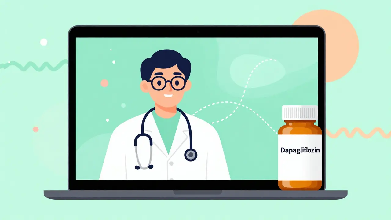 Doctor on video call sending digital prescription for generic dapagliflozin pills.