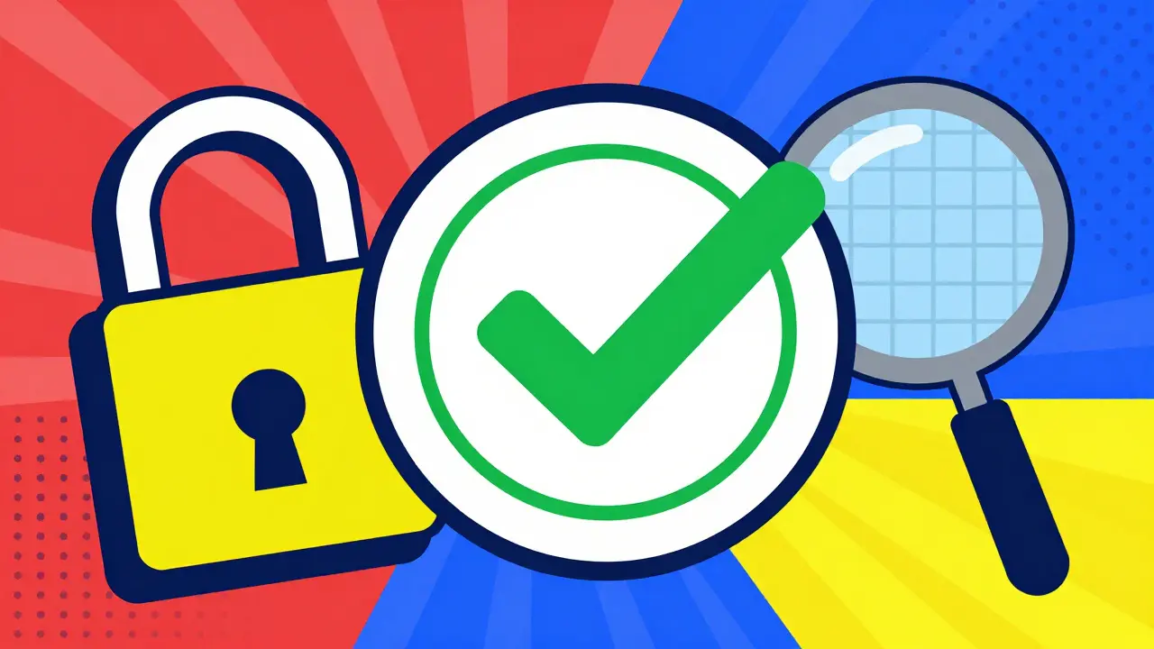 Geometric checkmark and security symbols in Memphis illustration