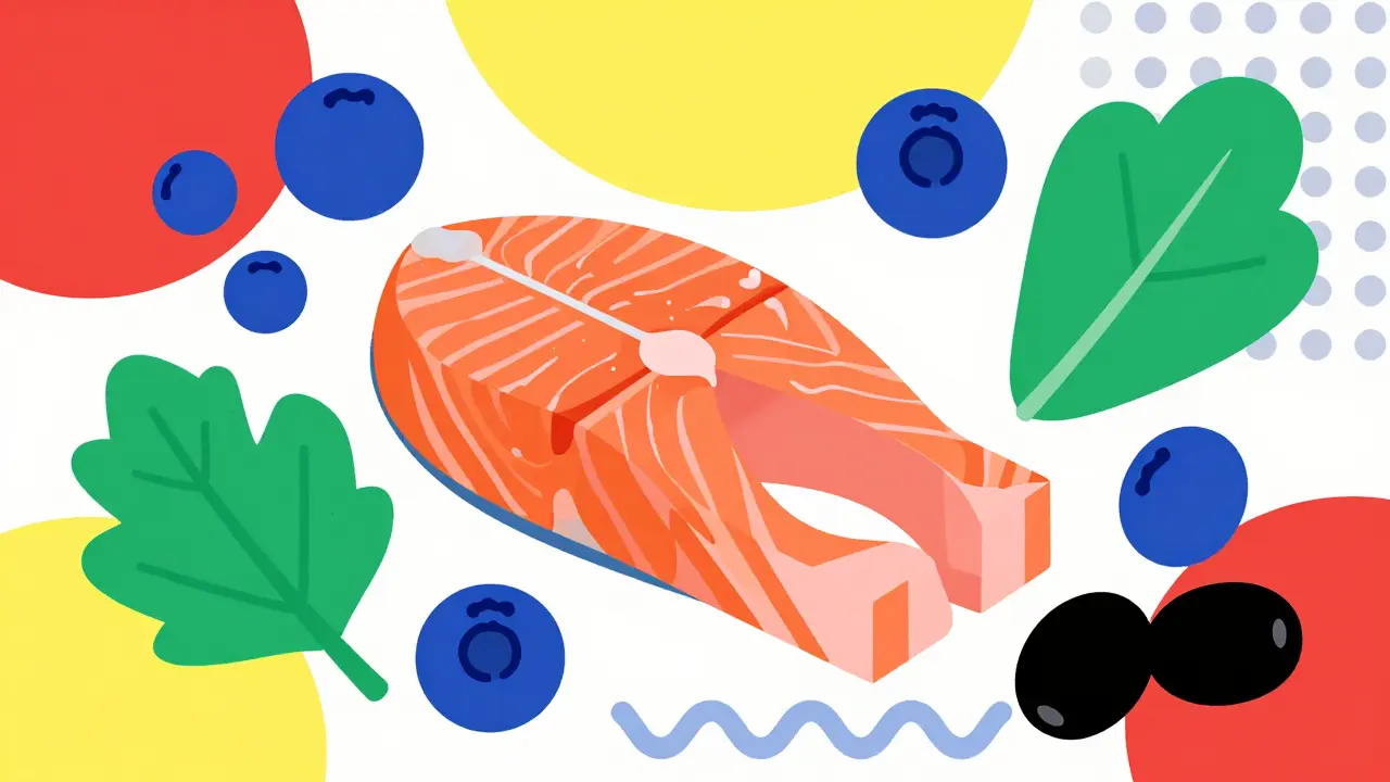 Geometric Memphis illustration of anti-inflammatory foods like fish and berries