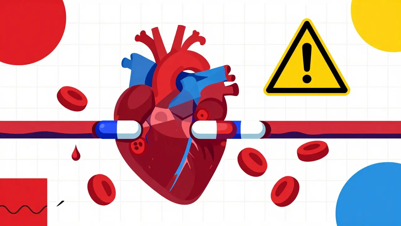 Graphic art showing blood thinner risks with geometric Memphis patterns