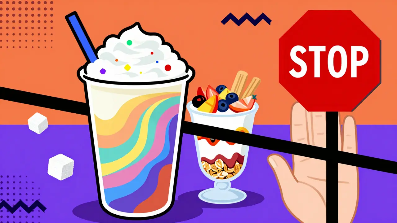 Graphic illustration warning about high sugar in smoothies and parfaits.