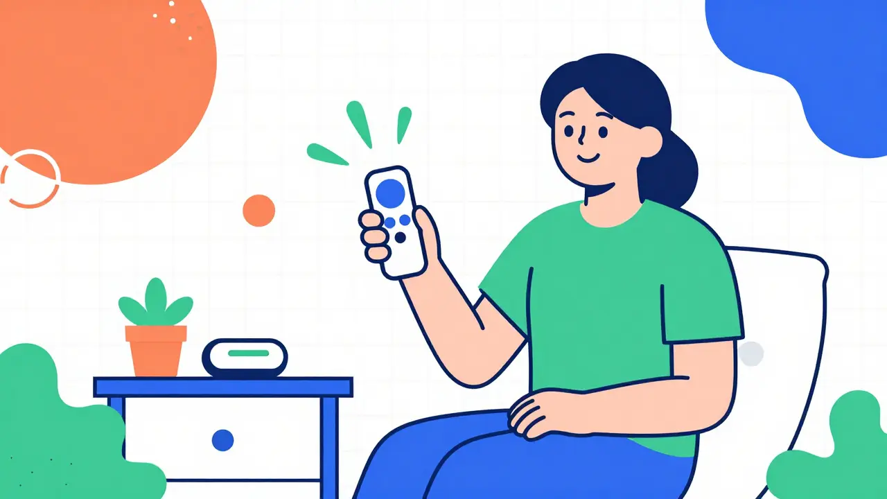 Happy patient using remote for sleep apnea therapy, surrounded by geometric shapes