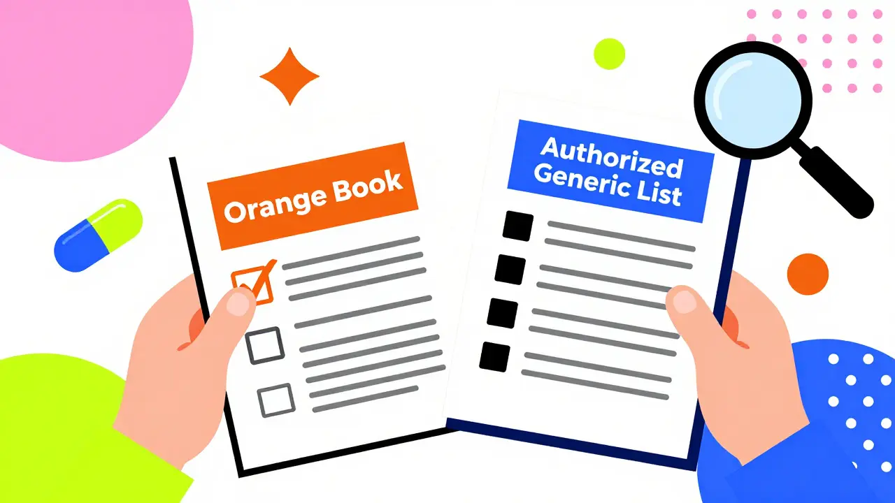 Illustration comparing Orange Book and Authorized Generic lists with abstract icons