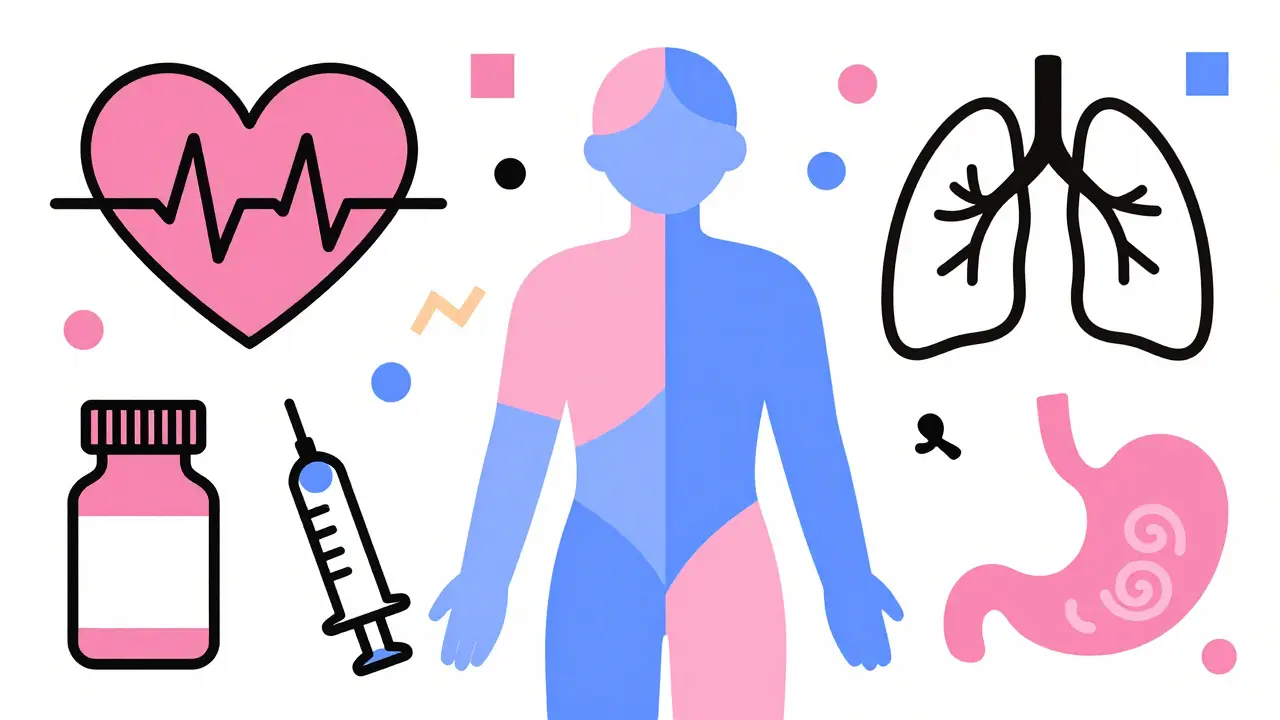 Memphis design graphic depicting patient monitoring for heart, lung, and gut side effects.