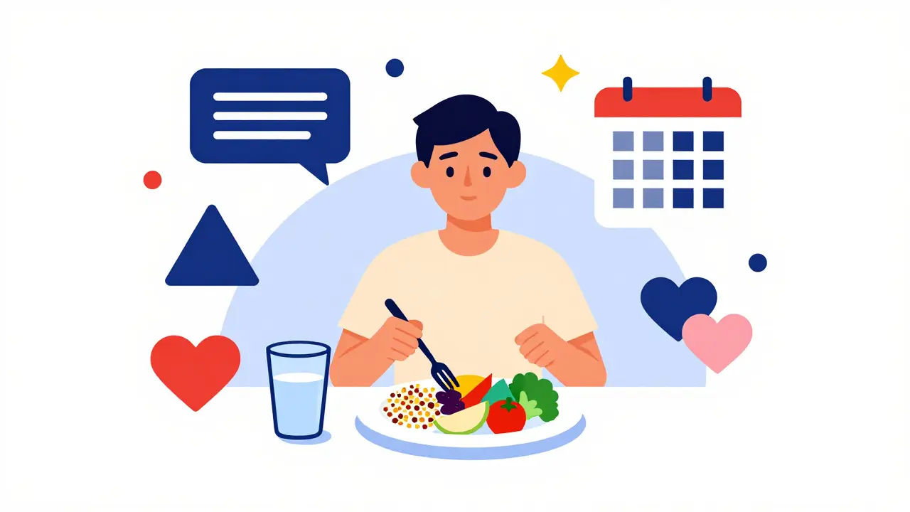 Memphis style graphic of balanced eating and social support for health