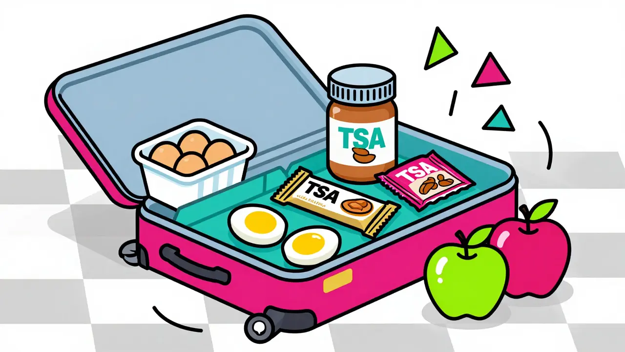 Open suitcase packed with healthy travel snacks like eggs and nuts.