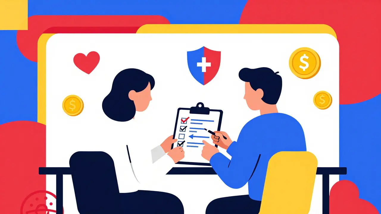 Patient and pharmacist reviewing a health plan together