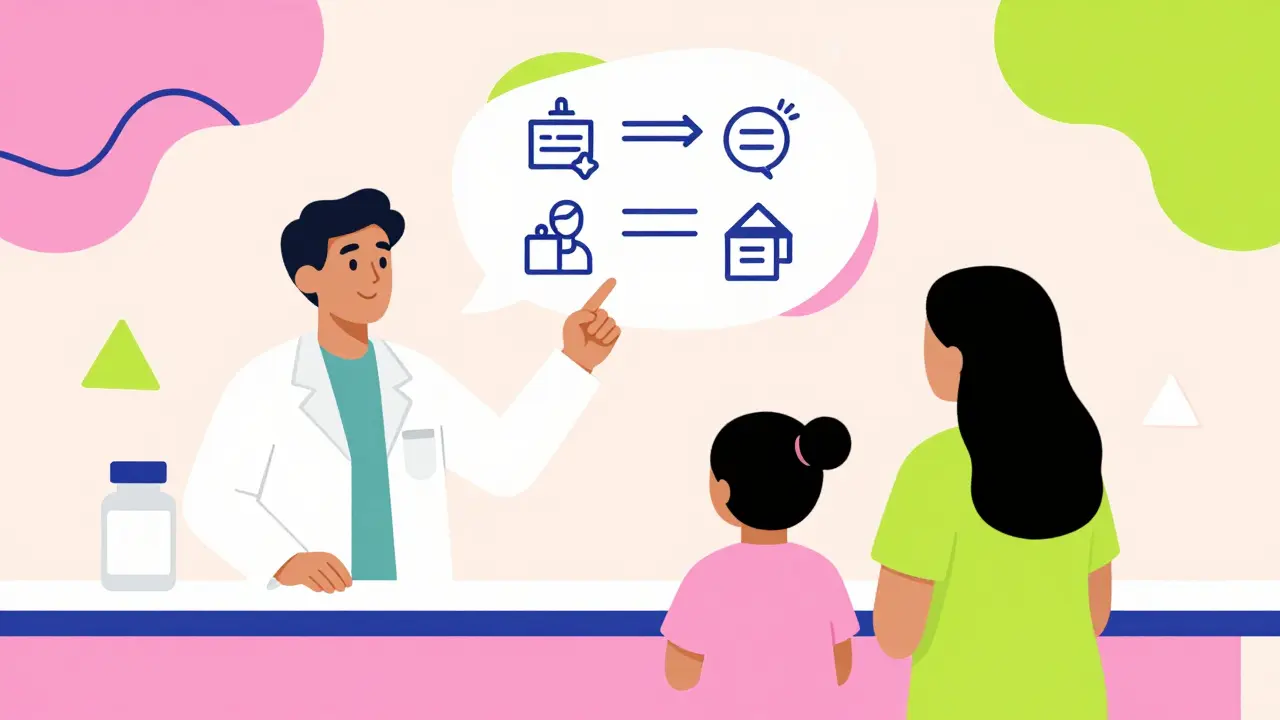 Pharmacist explaining generic switch to parents in Memphis design style.