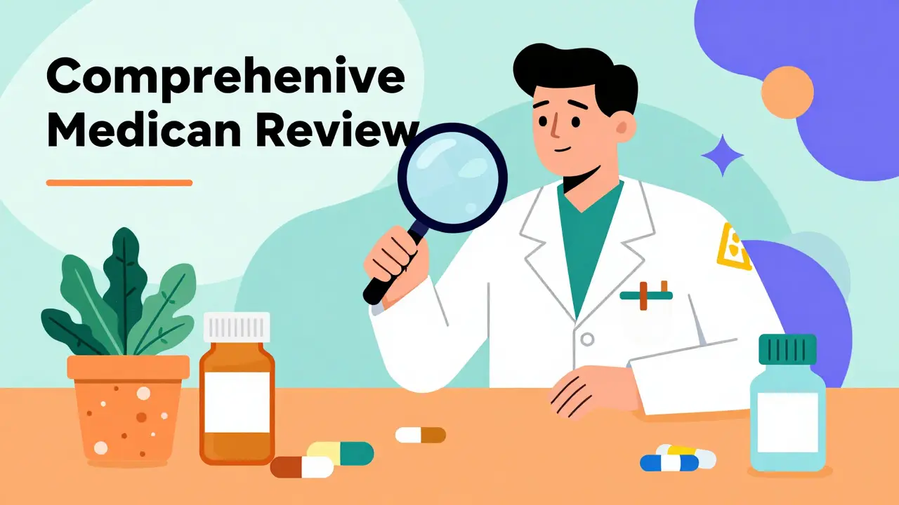 Pharmacist inspecting various meds with a magnifying glass