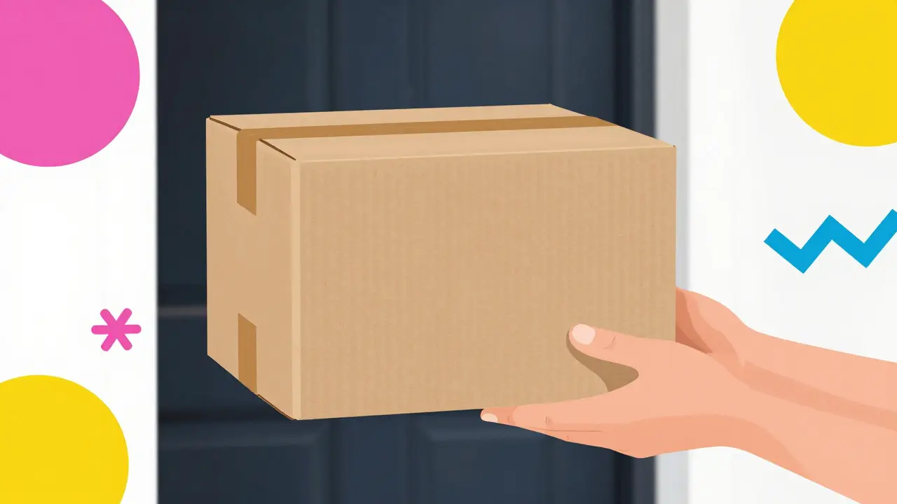 Plain package delivered safely with colorful Memphis design patterns around it.