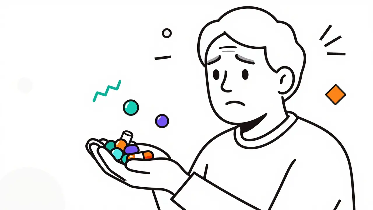 Senior patient confused by different colored pills in Memphis illustration.
