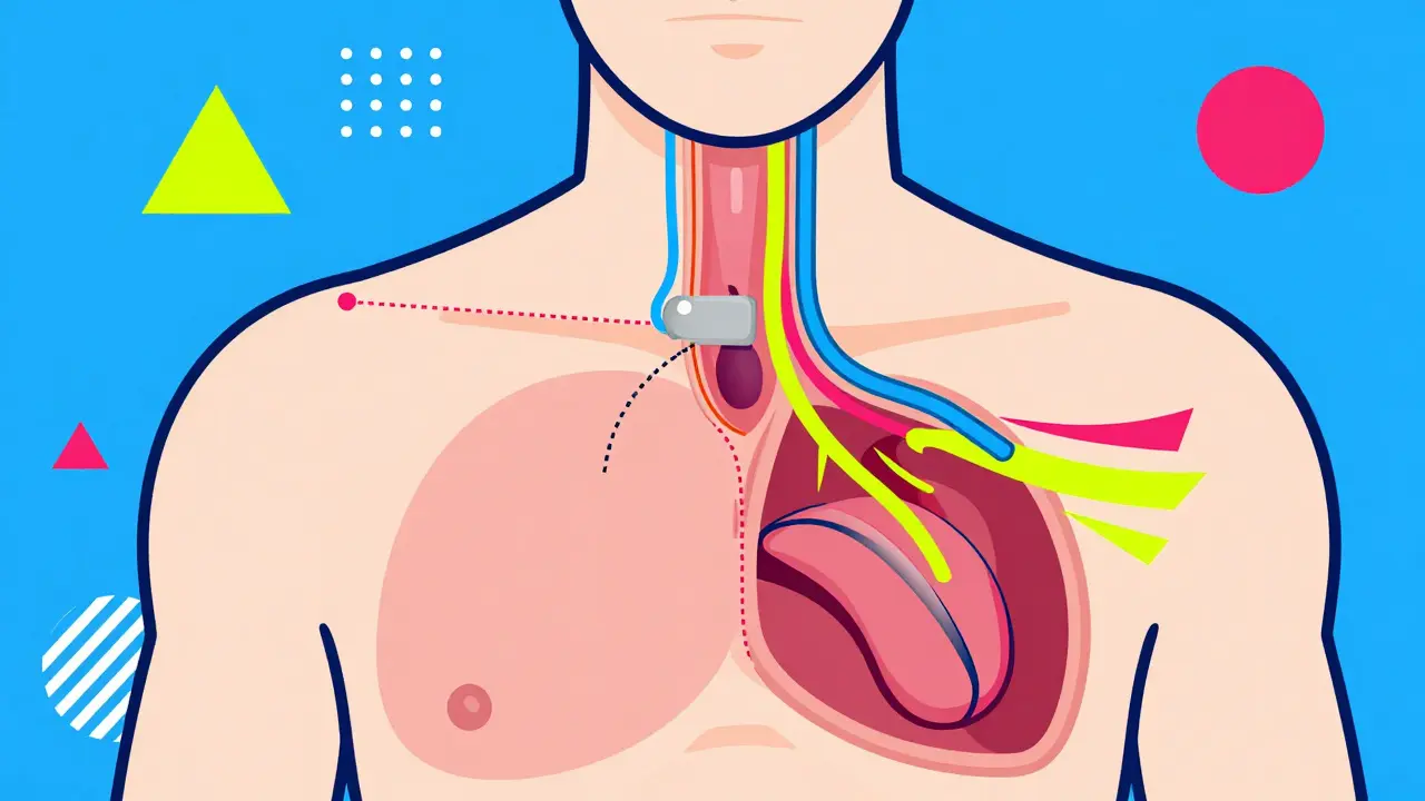 Stylized diagram of UAS implant components and nerve stimulation in Memphis art
