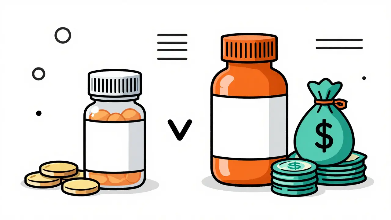 Stylized graphic comparing low-cost generic pills to expensive brand-name medication stacks.