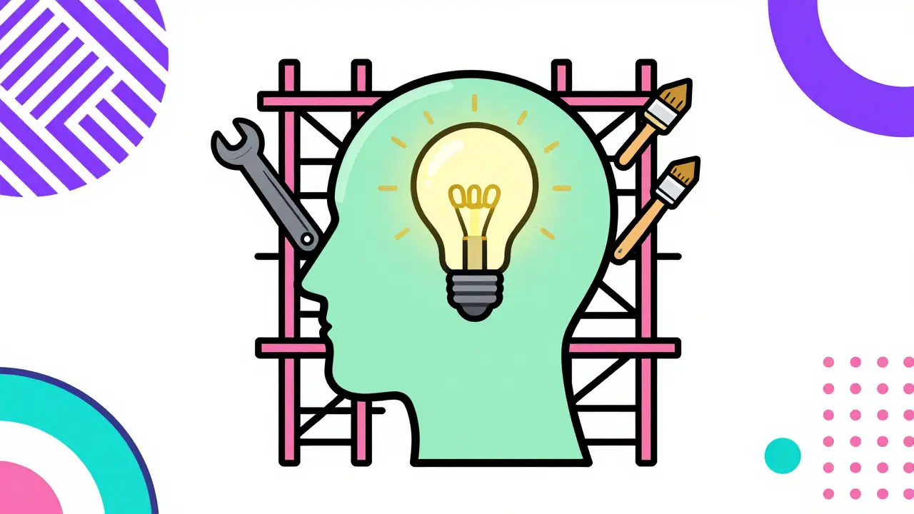 Stylized head with scaffolding and tools, symbolizing therapy and mental health renovation.