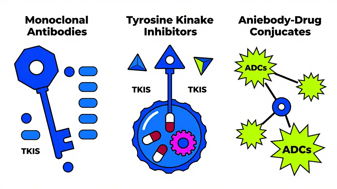 Stylized illustration comparing three types of HER2 targeted drug therapies via geometric symbols.