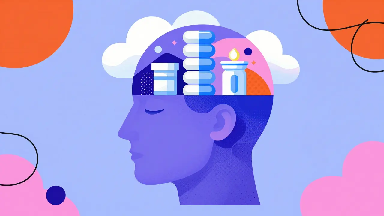 Stylized illustration of drug buildup causing sedation in Memphis design
