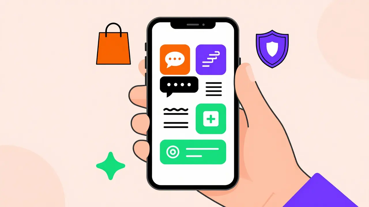 Stylized smartphone showing online pharmacy icons in Memphis design