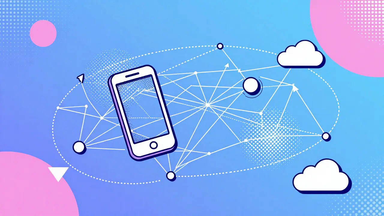 Abstract Memphis design showing connected nodes and mobile tech icons