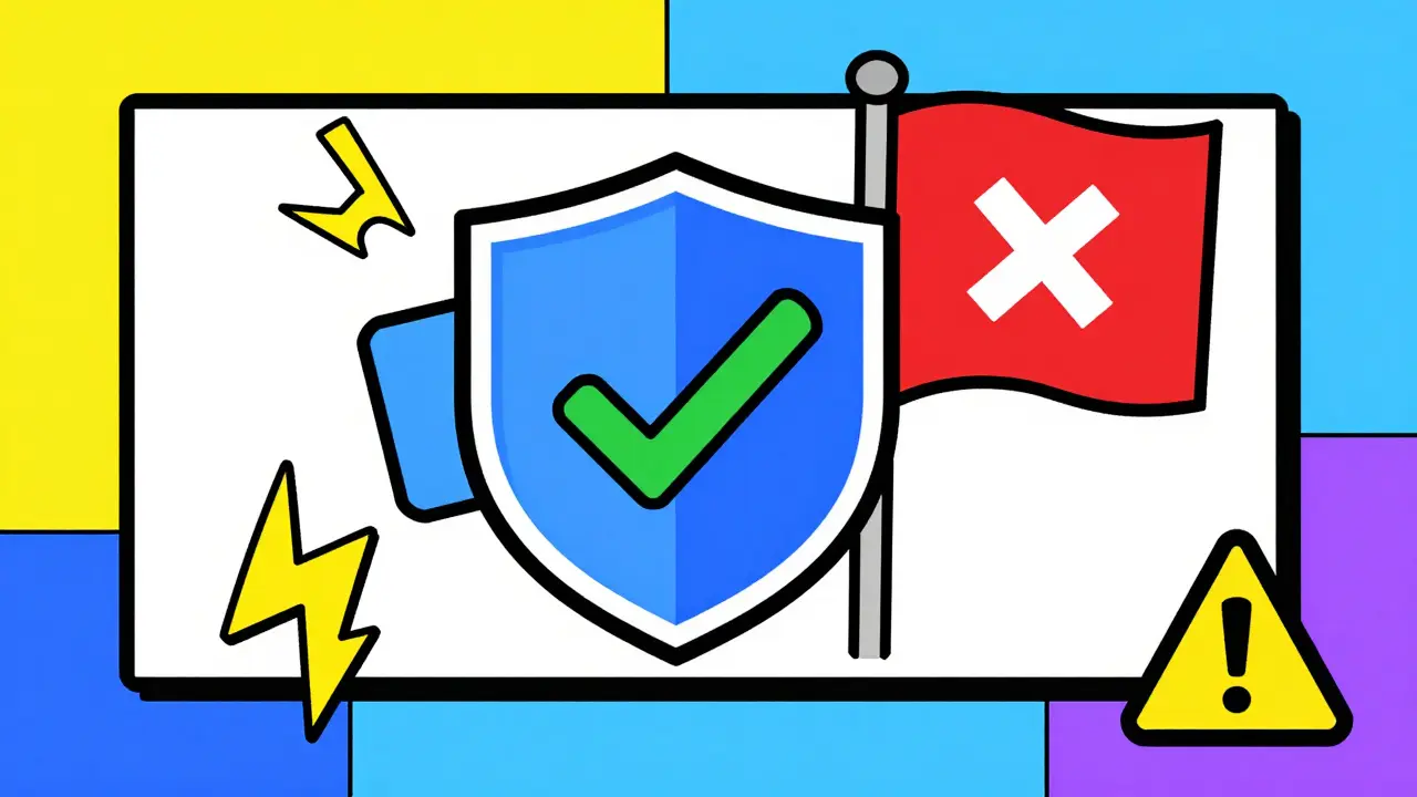 Abstract Memphis design showing safety shields and warning symbols for online pharmacies
