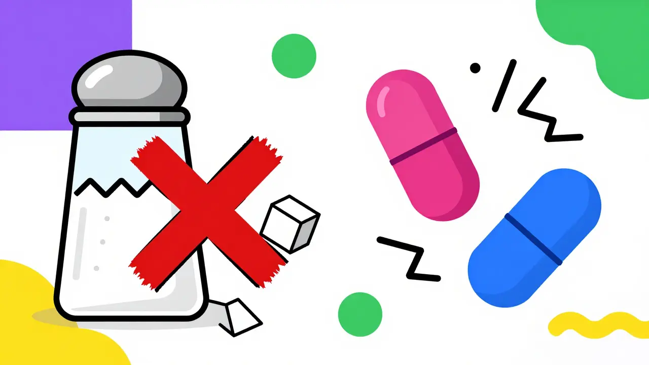 Cartoon style art of salt being blocked and colorful pills floating, representing diet and meds.