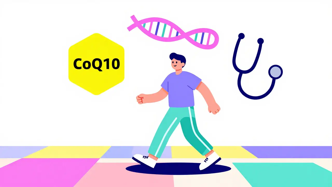 Cheerful character walking on geometric tiles with health icons in Memphis style.