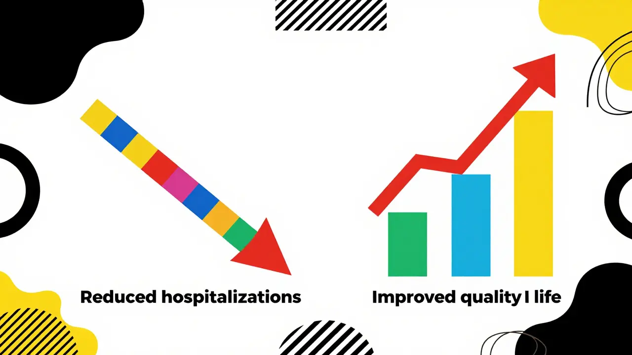 Colorful geometric illustration of health and cost benefits of new treatments