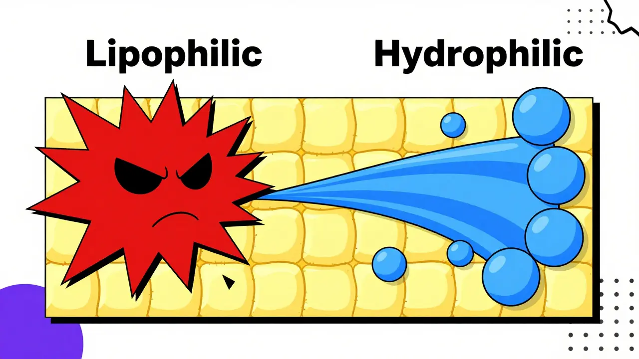 Graphic illustration comparing lipophilic and hydrophilic statin effects on muscles.