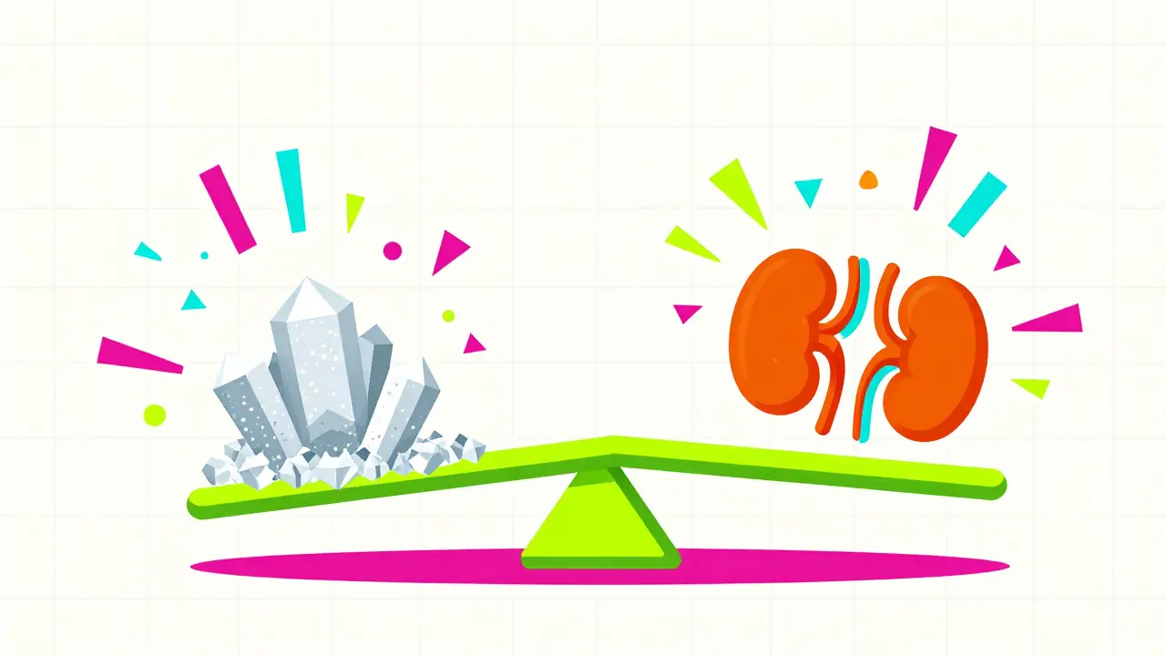 Memphis design graphic of a balancing scale with salt and kidneys, symbolizing treatment debate.