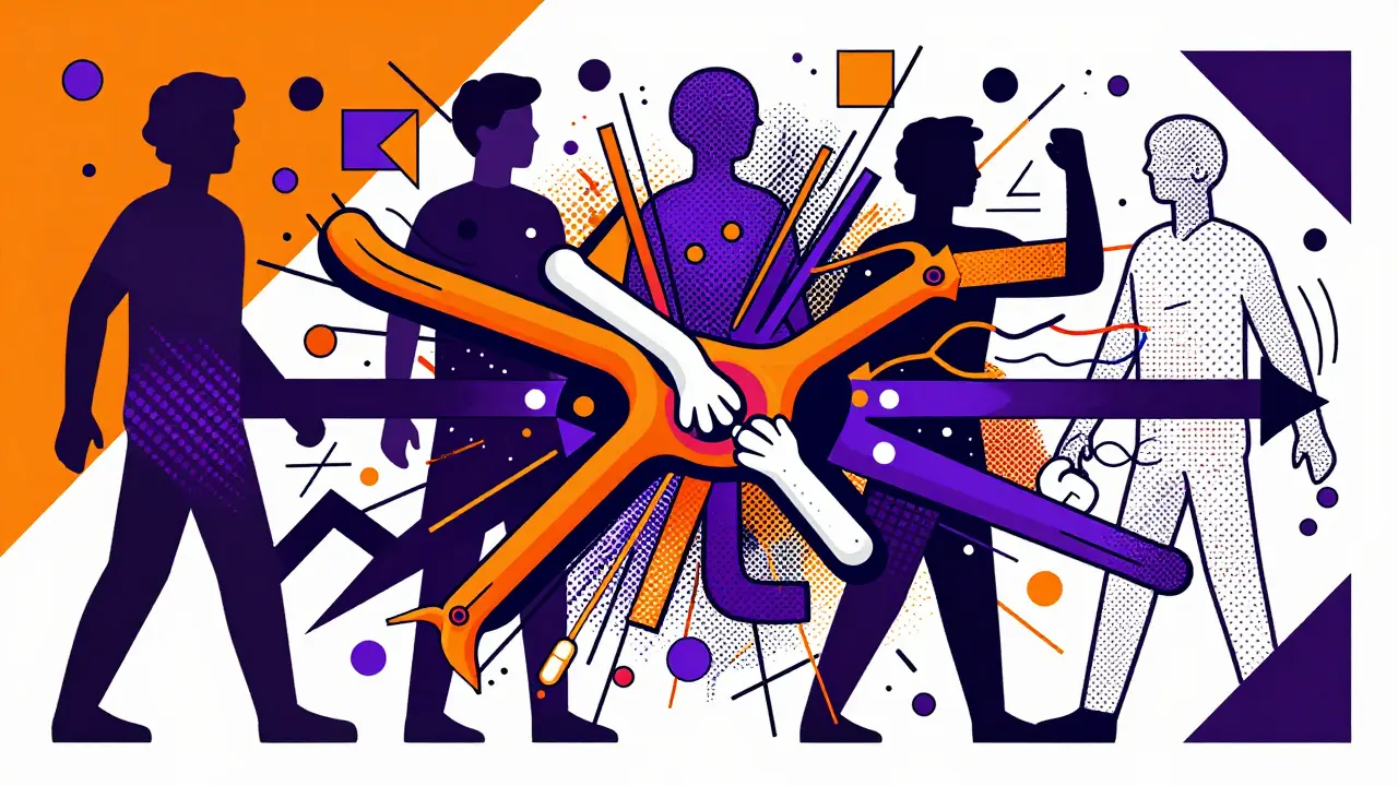 Memphis style graphic depicting health risks and drug interactions with bold patterns