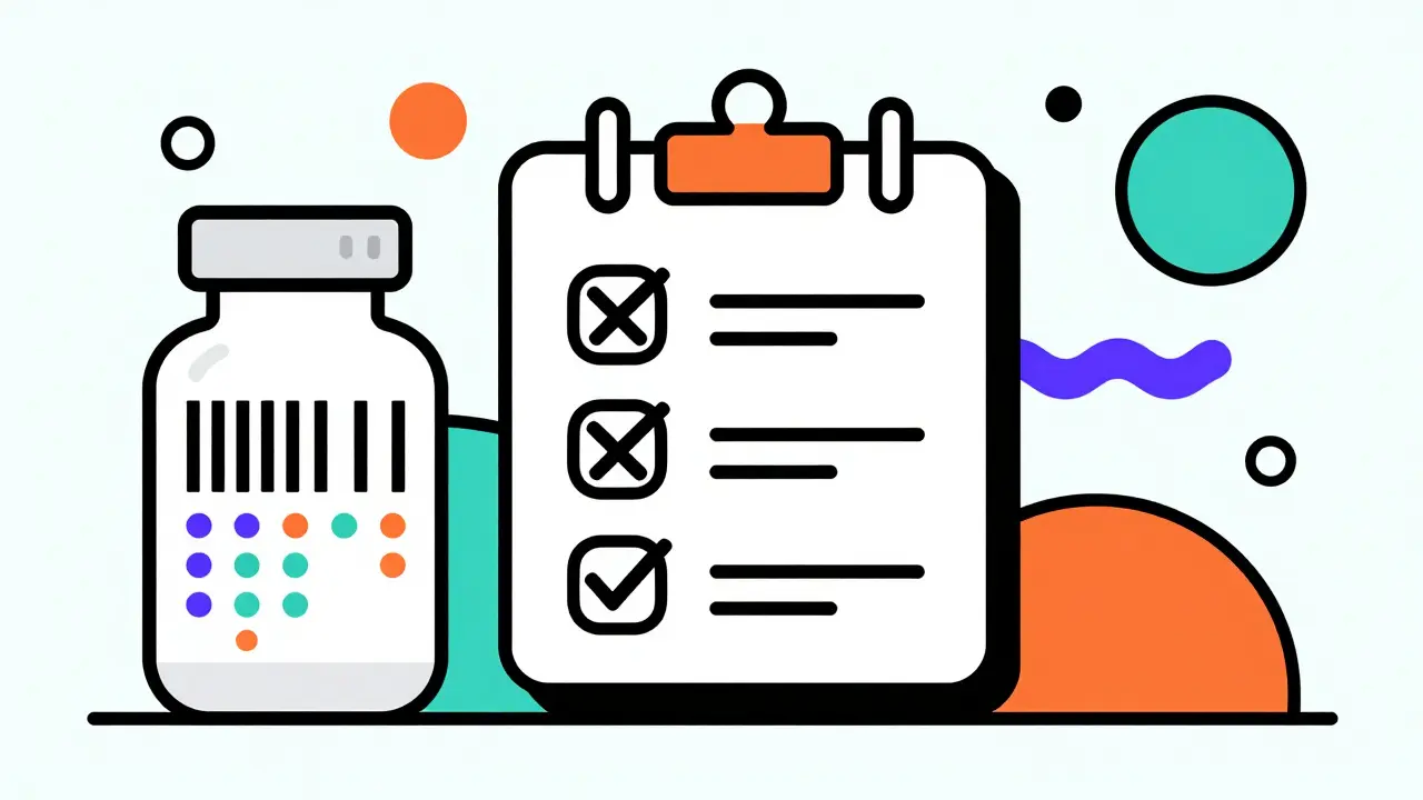 Memphis style illustration of a prescription bottle and verification checklist